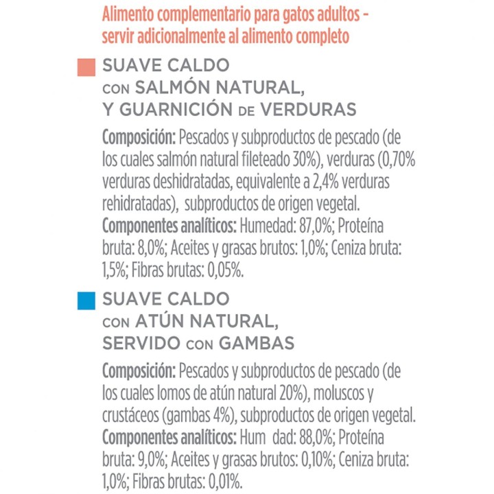 PURINA GOURMET Crystal Soup salmón natural servido con vegetales y atún natural servido con gambas