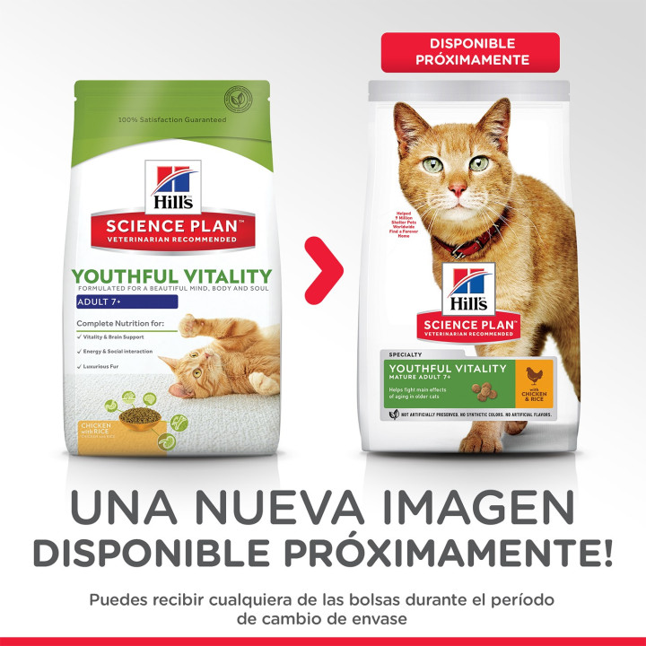 Hill's  Adult 7+  Youthful Vitality con Pollo y Arroz, Pienso para gatos - Kompymascotas