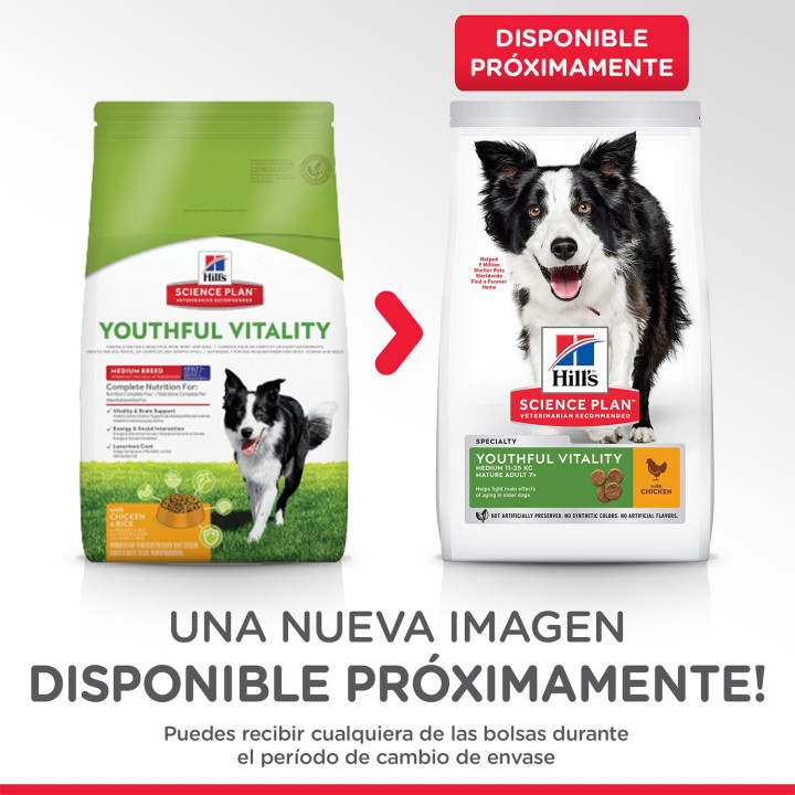 Hill's  7+  Youthful Vitality Medium Breed con Pollo y Arroz, Pienso para perros - Kompymascotas
