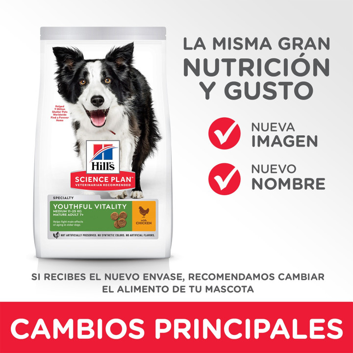 Hill's  7+  Youthful Vitality Medium Breed con Pollo y Arroz, Pienso para perros - Kompymascotas