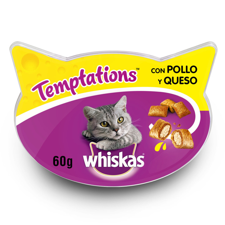 Snacks Whiskas Temptations con sabor a pollo y queso - Kompymascotas