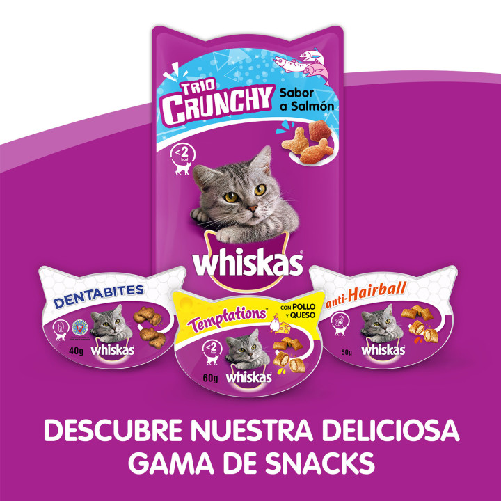Snacks Whiskas Temptations con sabor a pollo y queso - Kompymascotas