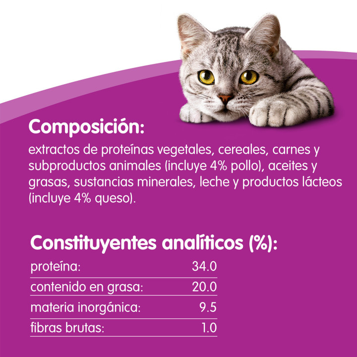 Snacks Whiskas Temptations con sabor a pollo y queso - Kompymascotas