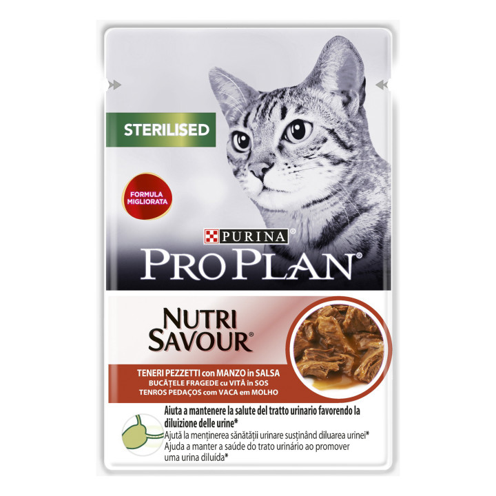 Comida húmeda Purina Pro Plan Sterilised Gato Buey (Salsa) para gatos - Kompymascotas