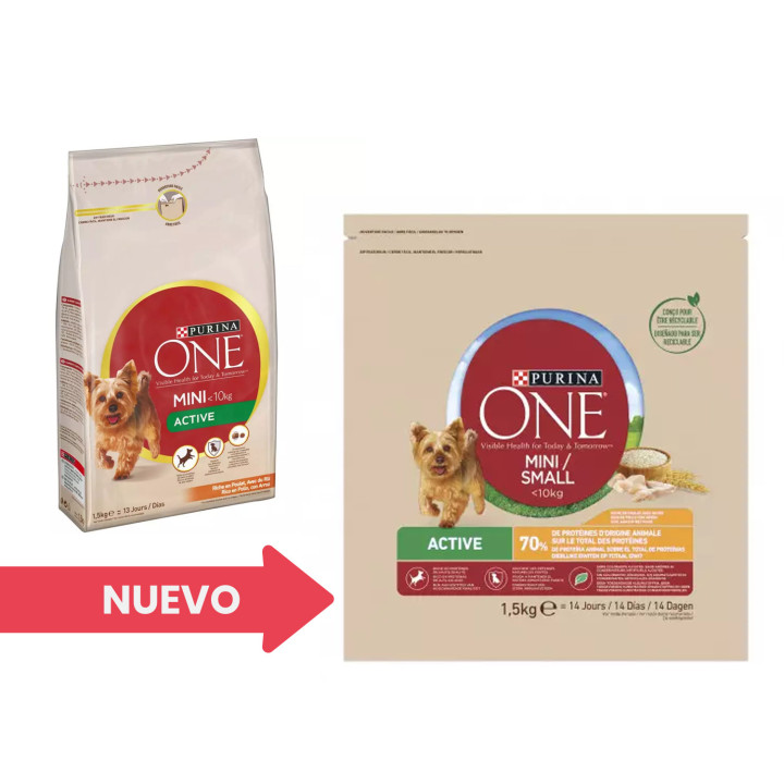 Purina One Mini Active Pollo y Arroz, Pienso y Comida Húmeda - Kompymascotas