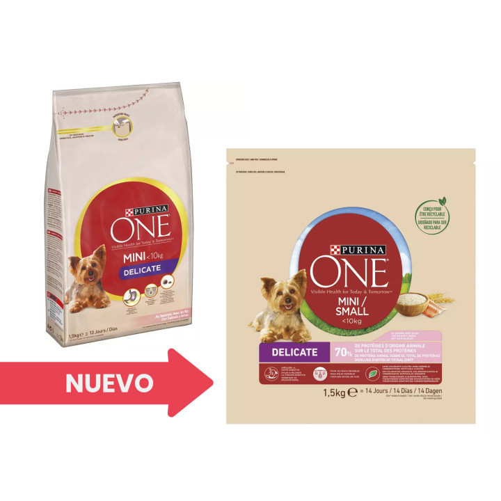 Purina One Mini Delicate Salmón y Arroz , Pienso y Comida Húmeda - Kompymascotas
