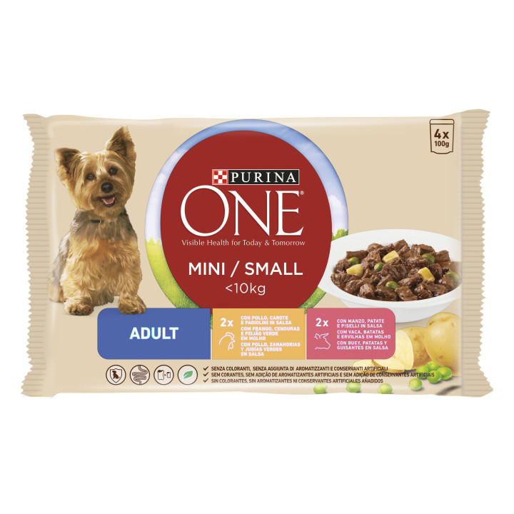 PURINA ONE Mini Adult Pollo y Buey, comida húmeda para perros - Kompymascotas