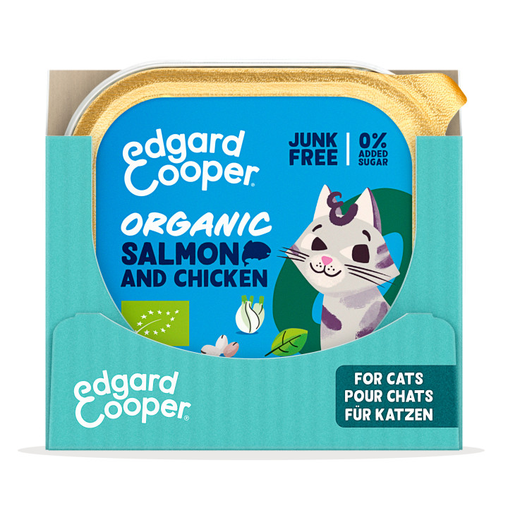 Paté de salmón y pollo ecológicos sin cereales para gatos 