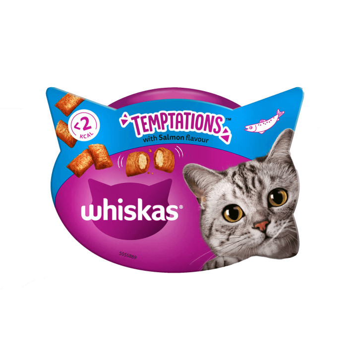 Snacks Whiskas Temptations con sabor salmón - Kompymascotas