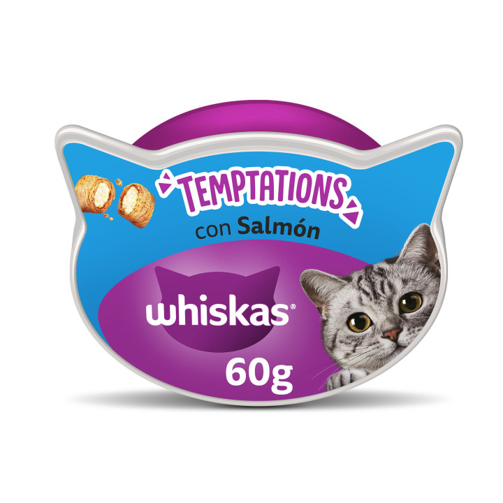 Snacks Whiskas Temptations con sabor salmón - Kompymascotas