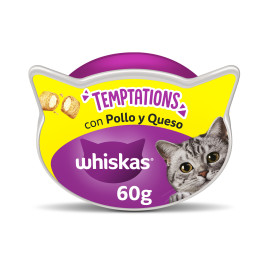 Snacks Whiskas Temptations con sabor a pollo y queso - Kompymascotas