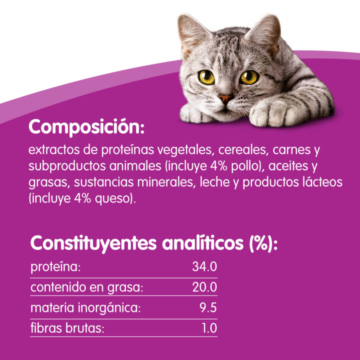 Snacks Whiskas Temptations con sabor a pollo y queso - Kompymascotas