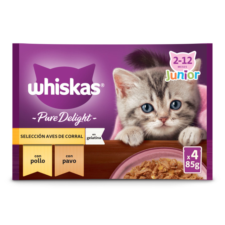 Whiskas Comida Húmeda para Gatos Junior Selección Aves en Gelatina