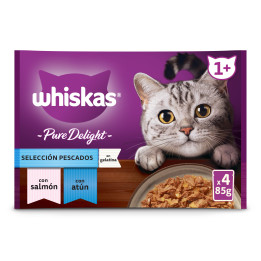 Whiskas Pure Delight Comida Húmeda para Gatos Adultos Selección Pescados en Gelatina
