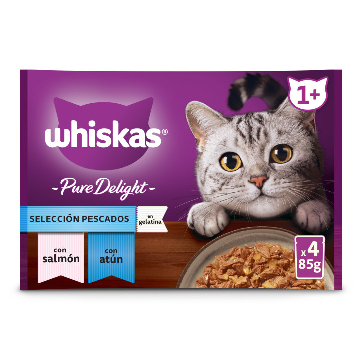 Whiskas Pure Delight Comida Húmeda para Gatos Adultos Selección Pescados en Gelatina
