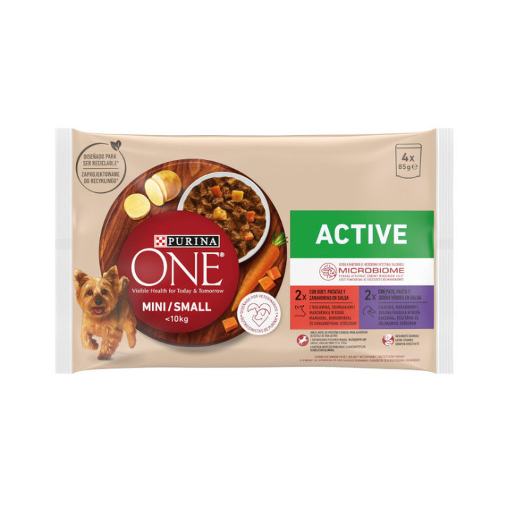 PURINA ONE Perro Mini Active Buey y Pato en Salsa, comida húmeda - Kompymascotas