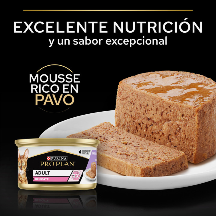 Purina Pro Plan Gato Adulto Delicate Mousse rico en pavo