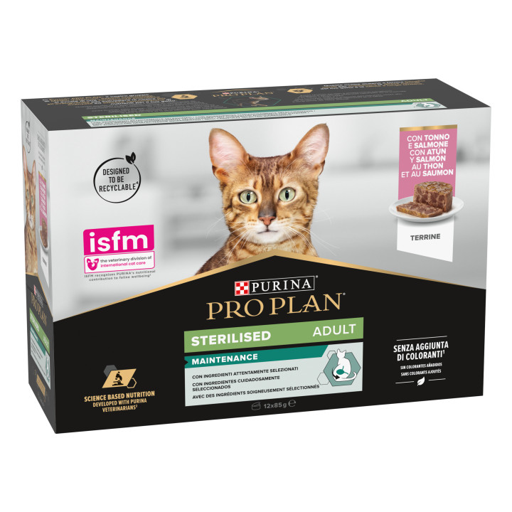 Purina Pro Plan Gato Adulto Lata Sterilised Maintenance Terrina con atún y salmón