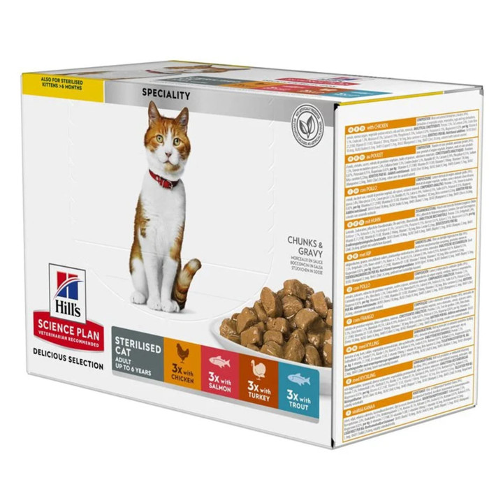 Hill's Science Plan Sterilised Cat alimento húmedo para gatos adultos con pollo, salmón, trucha, pavo