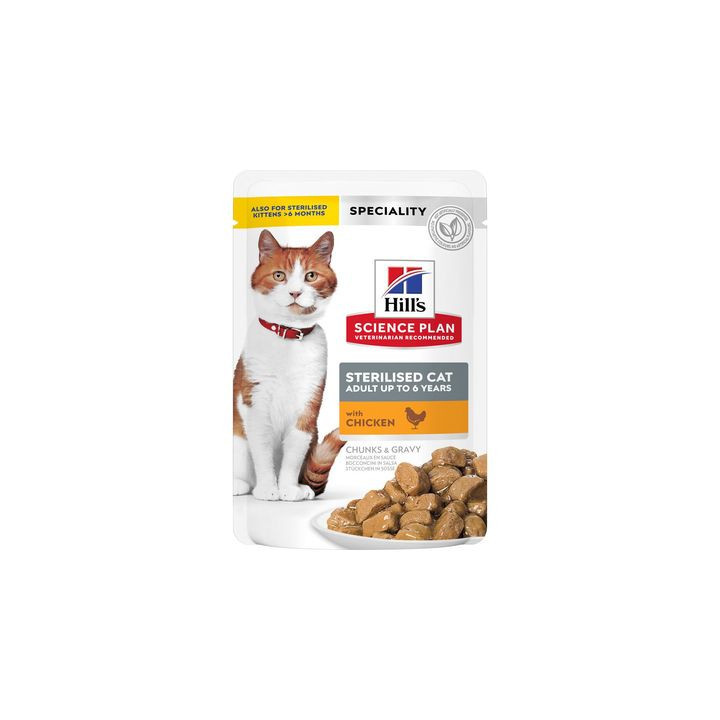 Hill's Science Plan Sterilised Cat alimento húmedo para gatos adultos con pollo, salmón, trucha, pavo