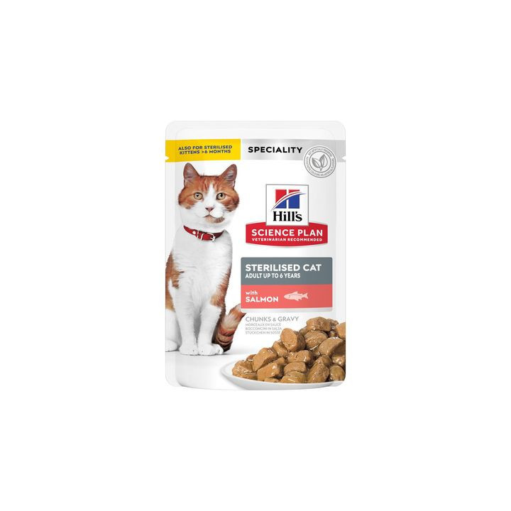 Hill's Science Plan Sterilised Cat alimento húmedo para gatos adultos con pollo, salmón, trucha, pavo