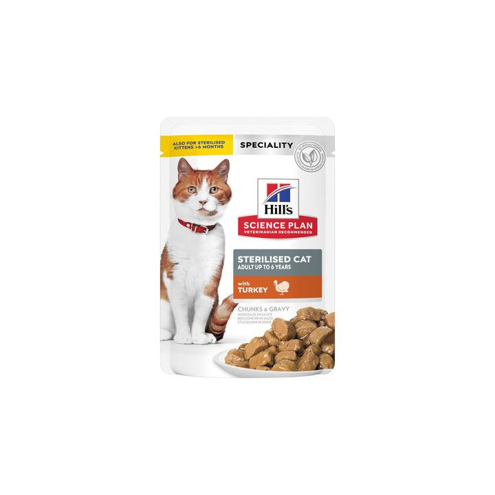 Hill's Science Plan Sterilised Cat alimento húmedo para gatos adultos con pollo, salmón, trucha, pavo