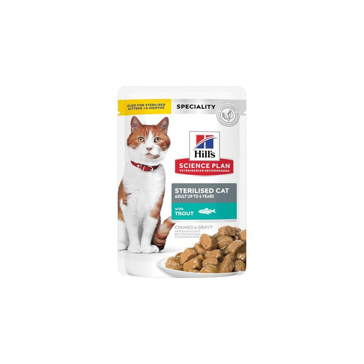 Hill's Science Plan Sterilised Cat alimento húmedo para gatos adultos con pollo, salmón, trucha, pavo