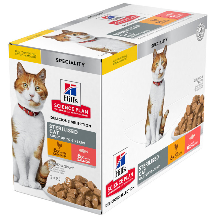 Hill's Science Plan Sterilised Cat alimento húmedo para gatos adultos esterilizados con pollo, con salmón