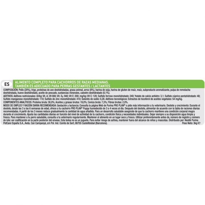 Información general de pienso Purina Pro Plan Medium Puppy Original