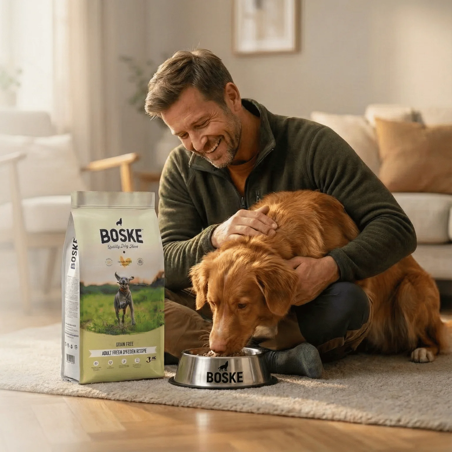 Hombre con perro y saco Boske